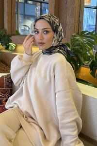 Anatolian Black Cotton Fabric Striped Flowering Straight Printed Scarf