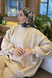 Anatolian Black Cotton Fabric Striped Flowering Straight Printed Scarf