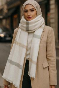 Lamelif Kadın Krem Desenli Atkı - Şal