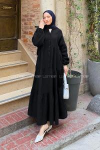 Lamelif Ön Yarım Düğme Detaylı Müslin Kumaş Tesettür Elbise Siyah