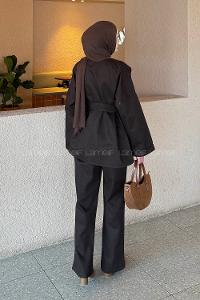 Lamelif Kuşaklı Gabardin Takım Acı Kahve