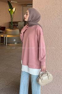 Lamelif Pilise Detaylı Tunik Gül Rengi