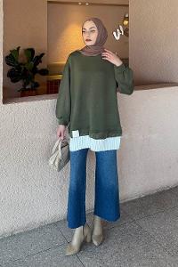 Lamelif Pilise Detaylı Tunik Haki