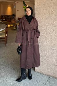 Lamelif Bağlama Detaylı Uzun Trençkot Acı Kahve