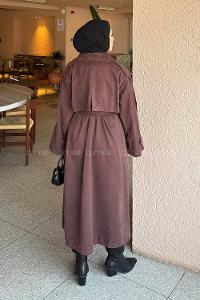 Lamelif Bağlama Detaylı Uzun Trençkot Acı Kahve