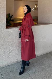 Claret Red Long Arm Buttoned Belted Polyester Trench Coat