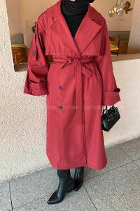 Claret Red Long Arm Buttoned Belted Polyester Trench Coat