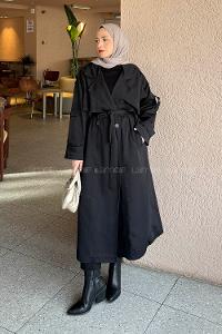 Black Long Arm Buttoned Belted Polyester Trench Coat