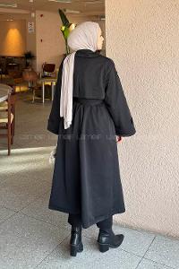 Black Long Arm Buttoned Belted Polyester Trench Coat