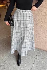 Lamelif Ekose Tesettür Etek Gri-Siyah