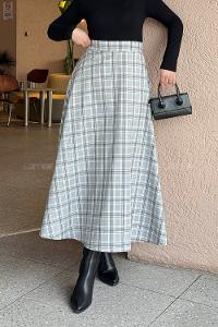 Lamelif Ekose Tesettür Etek Gri-Siyah