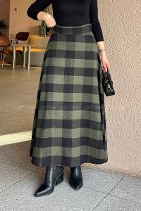 Lamelif Kaşe Ekose Detay Etek Haki