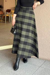 Lamelif Kaşe Ekose Detay Etek Haki