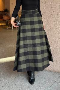 Lamelif Kaşe Ekose Detay Etek Haki