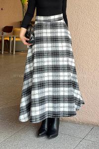 Lamelif Kaşe Ekose Detay Etek Siyah-Beyaz