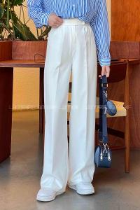 Lamelif Beli Cırt Cırtlı Palazzo Model Pantolon Beyaz