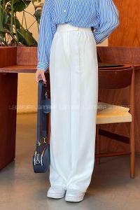 Lamelif Beli Cırt Cırtlı Palazzo Model Pantolon Beyaz