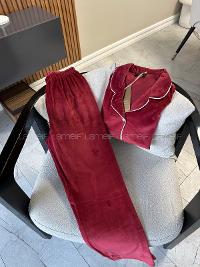 Lamelif Beyaz Çizgili Lüx Kadife Kumaş Pijama Takım Seti