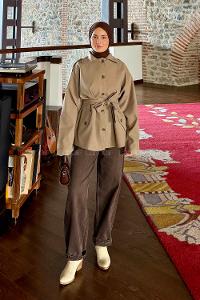 Khaki Long Arm Viscose Fabric Trench Coat