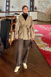 Lamelif Dökümlü Kemerli Trençkot Haki