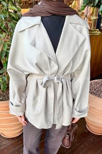 Lamelif Dökümlü Kemerli Trençkot Taş Rengi