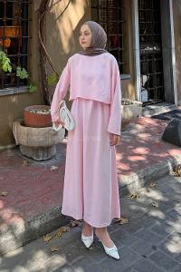 Pink Crew Neck Long Arm Linen Flare Suit