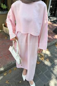 Pink Crew Neck Long Arm Linen Flare Suit