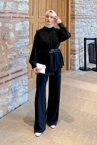 Black Shirt Collar Long Arm Polyester Regular Trousers Comfortable Suit