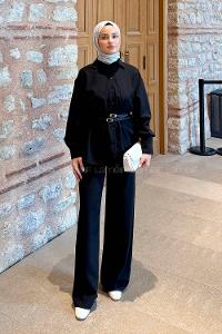 Black Shirt Collar Long Arm Polyester Regular Trousers Comfortable Suit