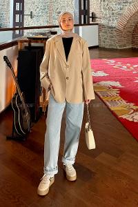 Lamelif Oversize Gizli Cep Ceket Vizonrengi