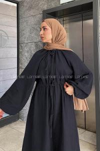 Lamelif Balon Kol Bağlamalı Tesettür Elbise Siyah