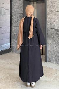 Lamelif Balon Kol Bağlamalı Tesettür Elbise Siyah