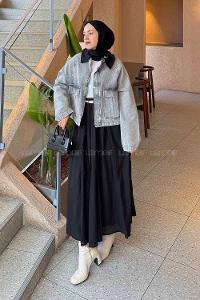 Lamelif Çıtçıtlı Siyah Gömlek Yaka Detaylı Denim Ceket Gri