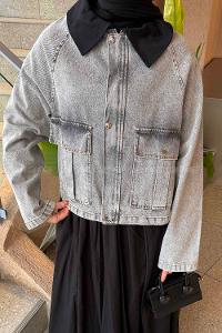 Lamelif Çıtçıtlı Siyah Gömlek Yaka Detaylı Denim Ceket Gri