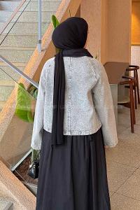 Lamelif Çıtçıtlı Siyah Gömlek Yaka Detaylı Denim Ceket Gri