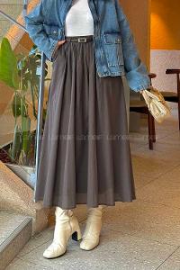 Lamelif Kemerli Cepli Tesettür Etek Koyu Kahverengi