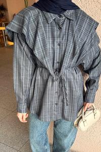 Lamelif Pelerin Yaka Ekose Desen Gömlek Antrasit