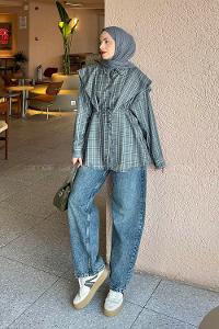 Lamelif Pelerin Yaka Ekose Desen Gömlek Haki