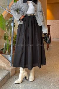 Lamelif Vual Kemerli Tesettür Etek Siyah