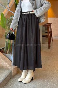 Lamelif Vual Kemerli Tesettür Etek Siyah