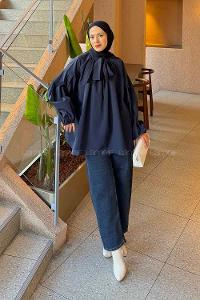 Lamelif Yaka Fular Detaylı Gömlek Koyu Lacivert