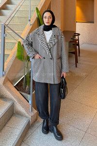 Black Normal Neck Long Arm Herringbone Coat