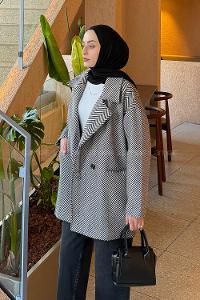 Black Normal Neck Long Arm Herringbone Coat