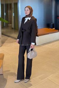 Lamelif Bağlama Detaylı Ceket-Pantolon Takım Kahverengi