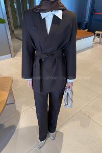 Lamelif Bağlama Detaylı Ceket-Pantolon Takım Kahverengi