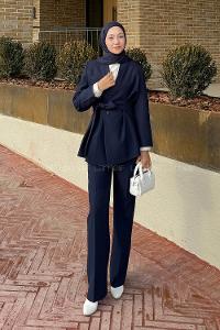 Lamelif Bağlama Detaylı Ceket-Pantolon Takım Lacivert