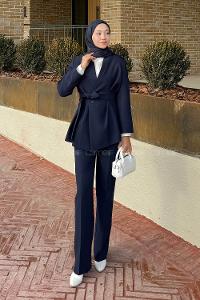 Lamelif Bağlama Detaylı Ceket-Pantolon Takım Lacivert