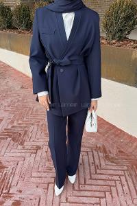 Lamelif Bağlama Detaylı Ceket-Pantolon Takım Lacivert