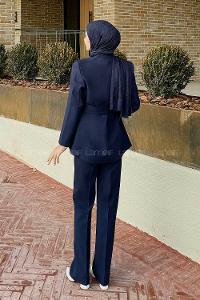 Lamelif Bağlama Detaylı Ceket-Pantolon Takım Lacivert