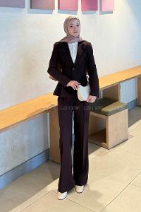 Lamelif Belden Oturtmalı Ceket-Pantolon Takım Mürdüm